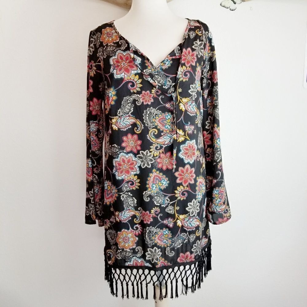 Bebop boho floral paisley dress with fringe bottom